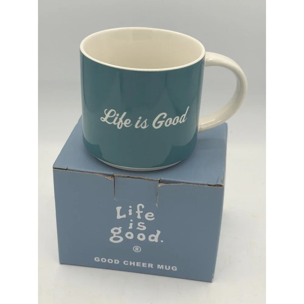 Life is Good Coffee Mug Turquoise Blue Good Cheer Stack Happy Holiday Cup NIB